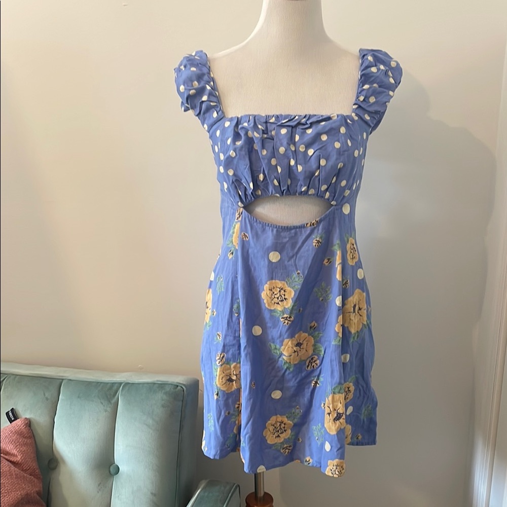 Free People Blue Polka Dot & Yellow Floral Mini Dress size Large - Picture 1 of 6